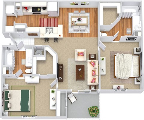 A top-down view of a house layout with a kitchen, living room, and bedrooms.